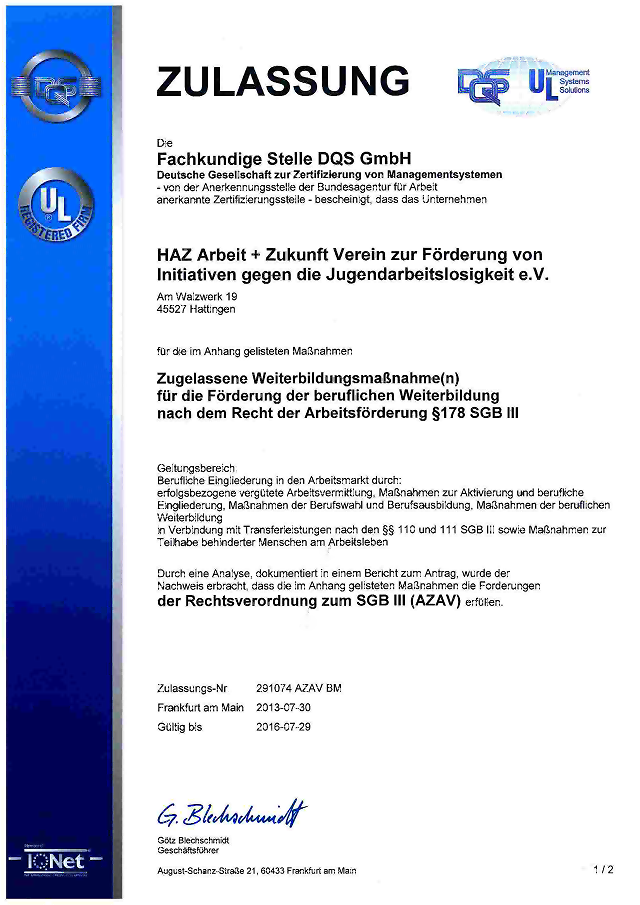 Zertifizierung nach der AZWV (Anerkennungs- und Zulassungsverordnung - Weiterbildung der Bundesagentur für Arbeit)